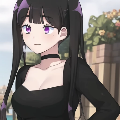 (masterpiece, best quality:1.2),illustration,8k,hd,1girl,upper body,smile,long_hair,breasts,cleavage,bangs,black_hair,dress,long_sleeves,twintails,purple_eyes,collarbone,choker,black_dress,black_thighhighs,black_choker,zettai_ryouiki,sleeves_past_wrists,<lora:Endgirl-V1:0.8>,