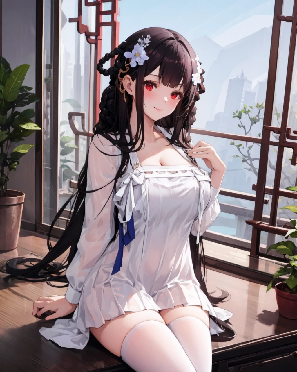 1girl,solo,red eyes, 
yatsen,sitting, hand on own chest, light smile, 
large breasts, white dress,indoor,window, chinese_architecture,
,  <lora:YatSenV3r:0.9>,branch,potted plant, short_dress,white thighhighs,