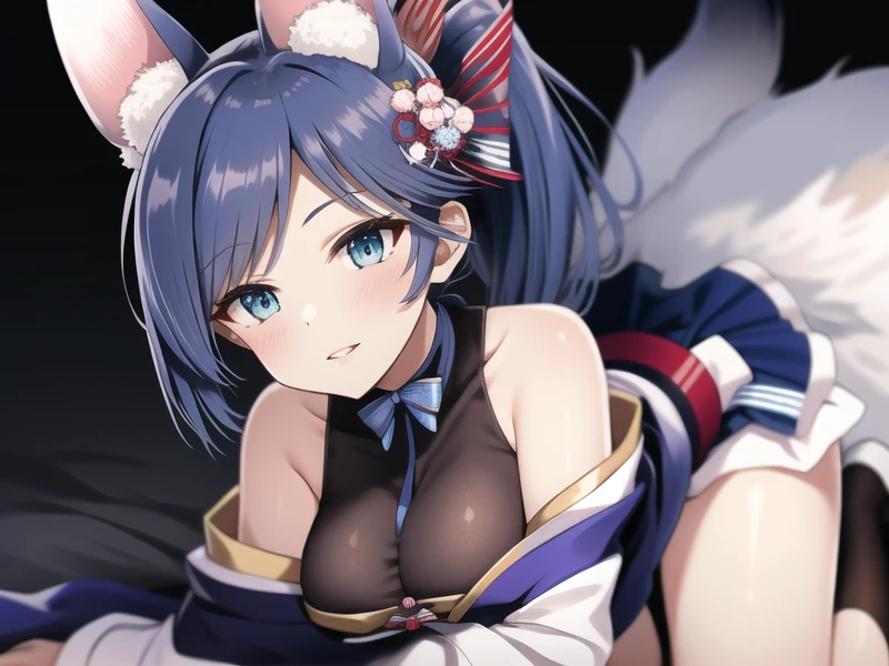 (hyper extreme detailed),(masterpeace),(hyper extreme),(photorealistic),CG, Jintsuu,blue hair,high ponytail, blue eyes,animal ears,hair ornament,kimon,miniskirt,obi,socks,<lora:Jintsuu_v2:1>