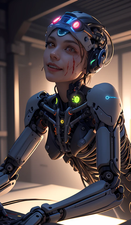 1mechanical girl,((ultra realistic details)), portrait512 Cyborg512 Tay512,electronics, motors, wires, buttons, lcd,global illumination, shadows, octane render, 8k, ultra sharp,metal,intricate, ornaments detailed, cold colors, egypician detail, highly intricate details, realistic light, trending on cgsociety, glowing eyes, facing camera, neon details, machanical limbs,blood vessels connected to tubes,mechanical vertebra attaching to back,mechanical cervial attaching to neck,sitting,wires and cables connecting to head