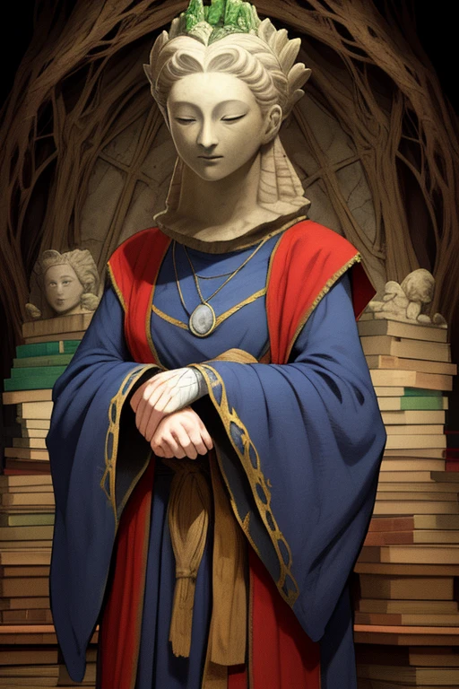 Sellen, standing, upper body, Stone Helmet
mask,
masked,
statue,
MRobe,necklace,blue robe, long sleeves, bandages, wide sleeves, barefoot,
wooden bunker, cobwebs, potions,
(insanely detailed, masterpiece, best quality) <lora:Sellen-10v3:0.8>