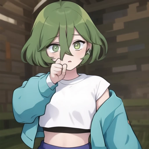 (masterpiece, best quality:1.2),illustration,8k,hd,1girl,solo,upper body,short_hair,bangs,blue_shirt,white_pupils,long_sleeves,hair_between_eyes,green_eyes,ahoge,green_hair,shoes,shorts,socks,midriff,crop_top,white_footwear,bandaid,blue_shorts,bandaid_on_leg,bandaid_on_knee,<lora:Zombie-Bubble V1>,