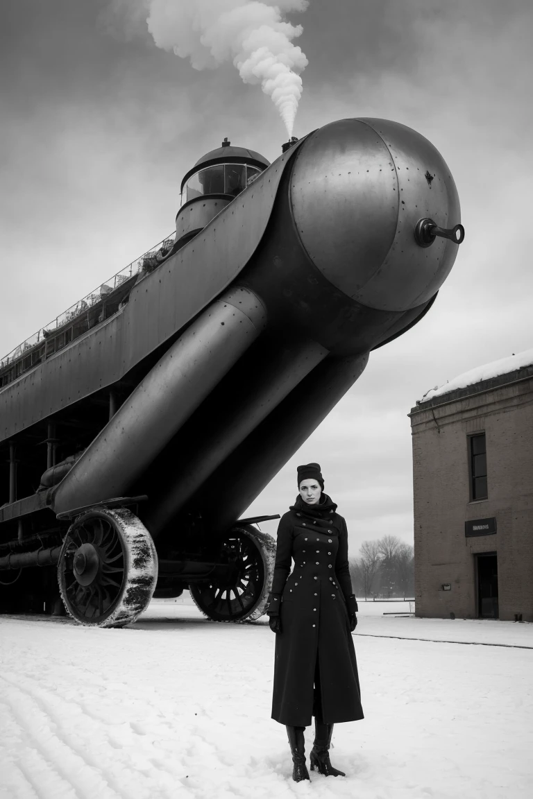 barnum-silver industrial city (monumental steam powered metal devices:1.1), design concept vintage scifi, rusty, weary, spider, dirt, product photo,retrofuturism, (winter clothing:1.3) <lora:Cloudify:.15> steamroller in the background