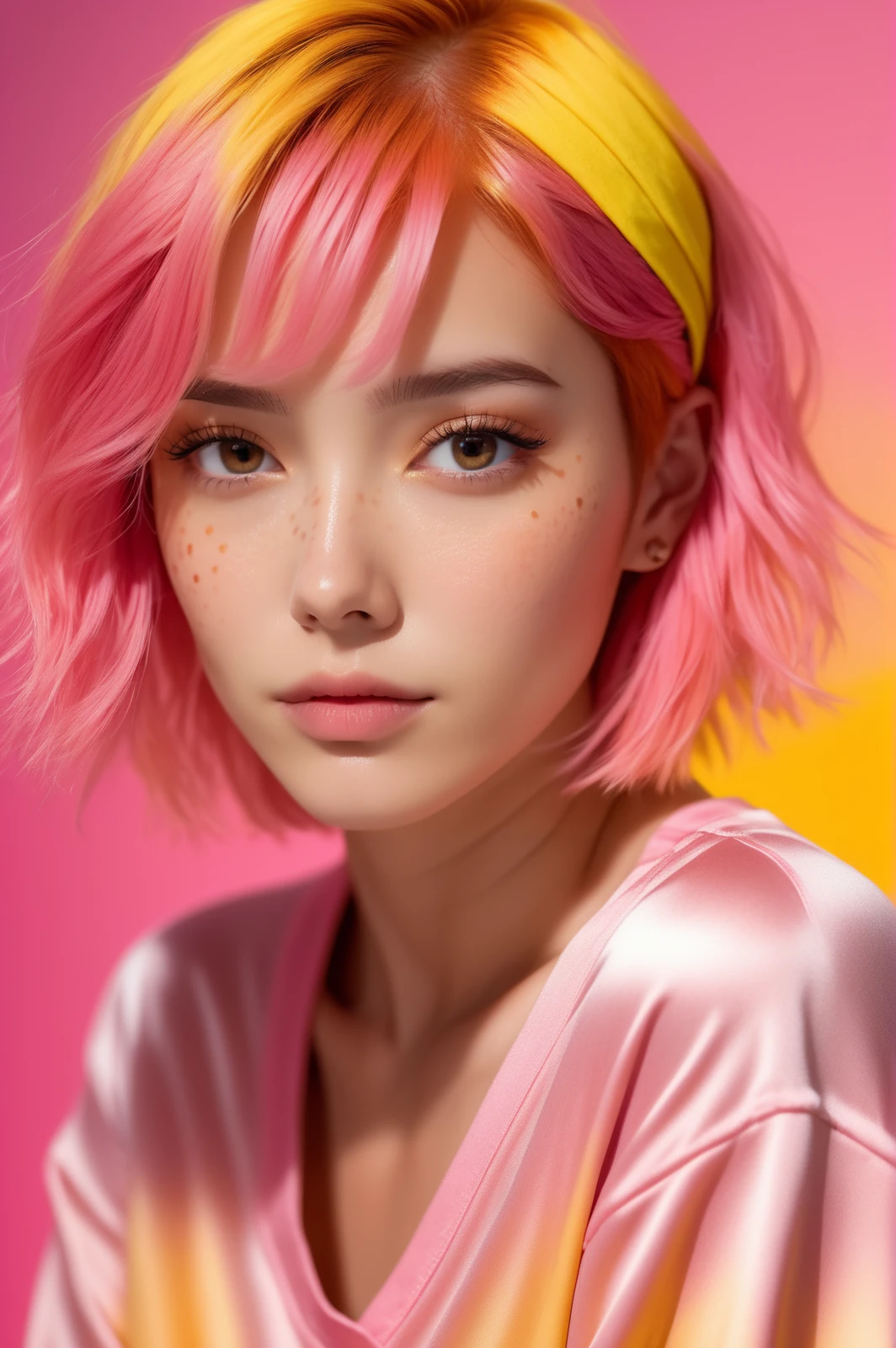 (masterpiece,best quality, ultra realistic,32k,RAW photo,detail skin, 8k uhd, dslr,high quality, film grain:1.1),
 short hair , pink hair hair:1.1,portrait,lady,  brown eyes, DayGlo yellow Pajama pants and oversized t-shirt, freckles,
(Rust gradient background,led light, edge light, simple background)