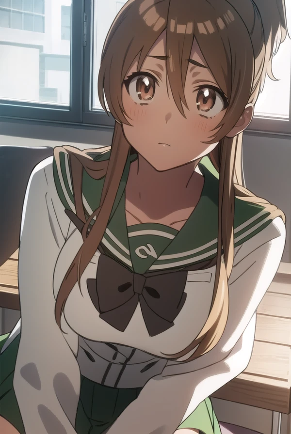 reimiyamoto, <lora:reimiyamototest:1>,
rei miyamoto, long hair, brown hair, (brown eyes:1.5), antenna hair, ponytail,
BREAK skirt, thighhighs, school uniform, serafuku, zettai ryouiki, green skirt, bowtie, long sleeves, black thighhighs, black bowtie,
BREAK looking at viewer,
BREAK indoors, classroom,
BREAK <lora:GoodHands-vanilla:1>, (masterpiece:1.2), best quality, high resolution, unity 8k wallpaper, (illustration:0.8), (beautiful detailed eyes:1.6), extremely detailed face, perfect lighting, extremely detailed CG, (perfect hands, perfect anatomy),