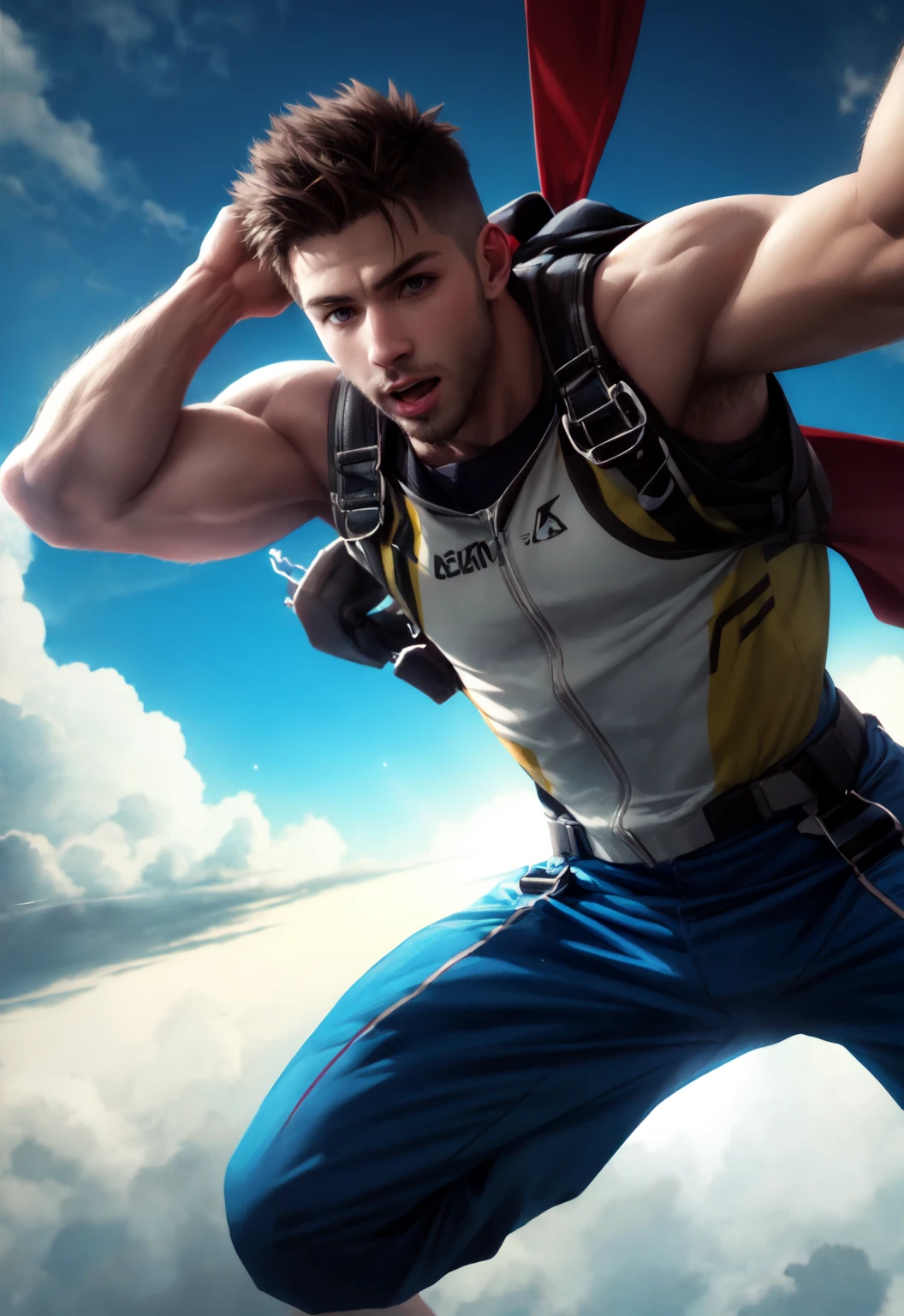 boy skydiving, clouds, wind, muscular,
vibrant colors, colorful art style, 
soft lighting, soft shadows, detailed textures, dynamic lighting,  
nice hands, perfect hands, 
<lyco:GoodHands-beta2:1.0> 
<lora:add_detail:1>