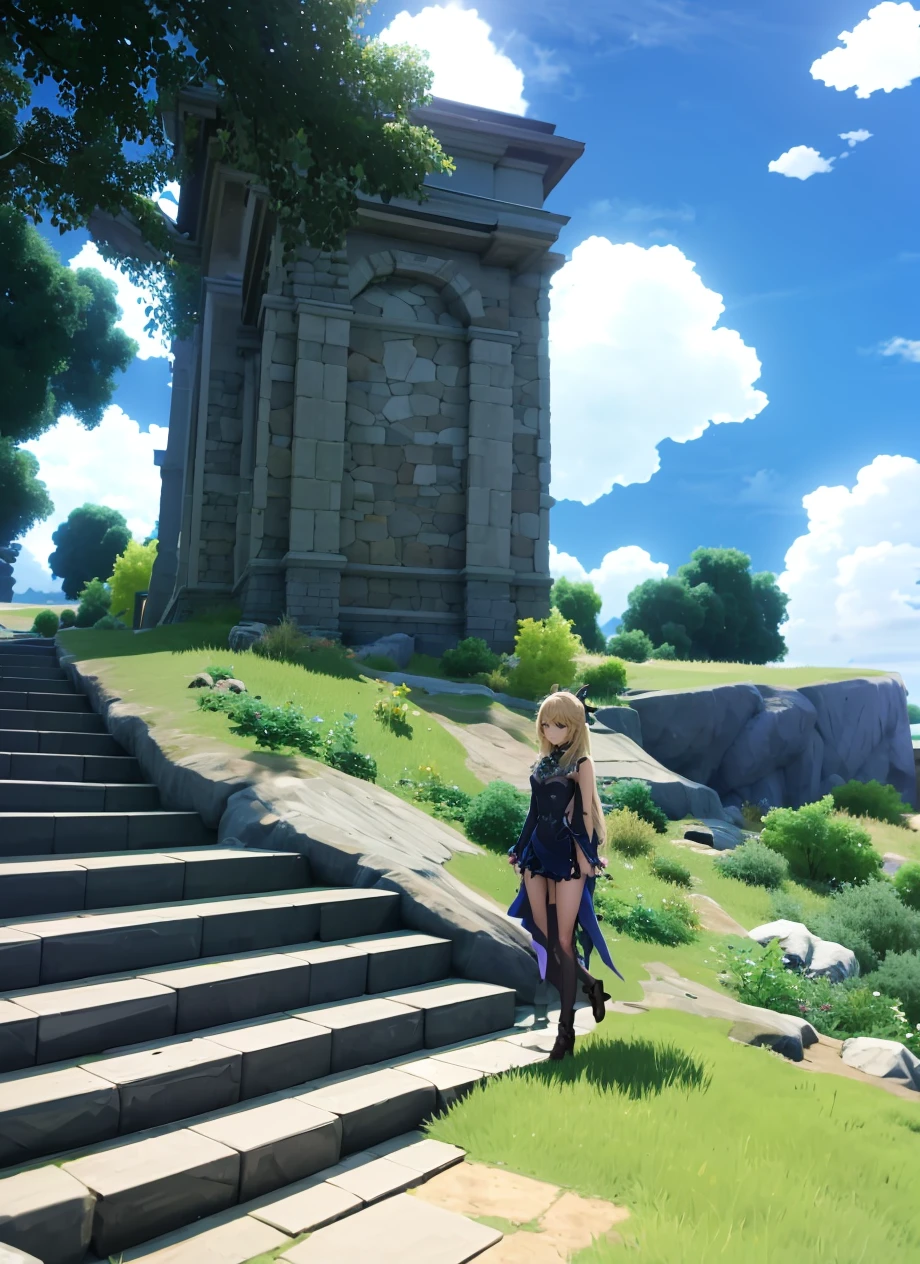 masterpiece, best quality, ultra-detailed, illustration, <lora:fischl1:1> , fischldef, blonde hair, two side up, hair over one eye, eyepatch, 1girl, solo, cowboy shot, <lora:mondstadt_background-v11:0.8>, ruins, landscape, nature, scenery, mondstadt, outdoors, blue sky, bush, cloud, cloudy sky, flower, forest, grass, path, road, rock, sky, stairs, stone, stone stairs, tree, day