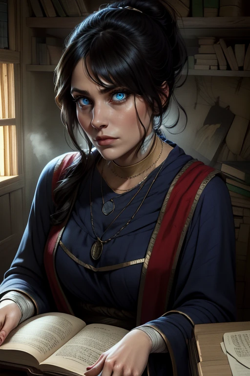 Sellen, bangs, black ponytail, thinking, pondering, sitting, upper body,
MRobe,necklace,blue robe, long sleeves, bandages, wide sleeves,
wooden bunker, spell books, cobwebs,
(insanely detailed, beautiful detailed face, masterpiece, detailed eyes, best quality) <lora:Sellen-10v3:0.7>