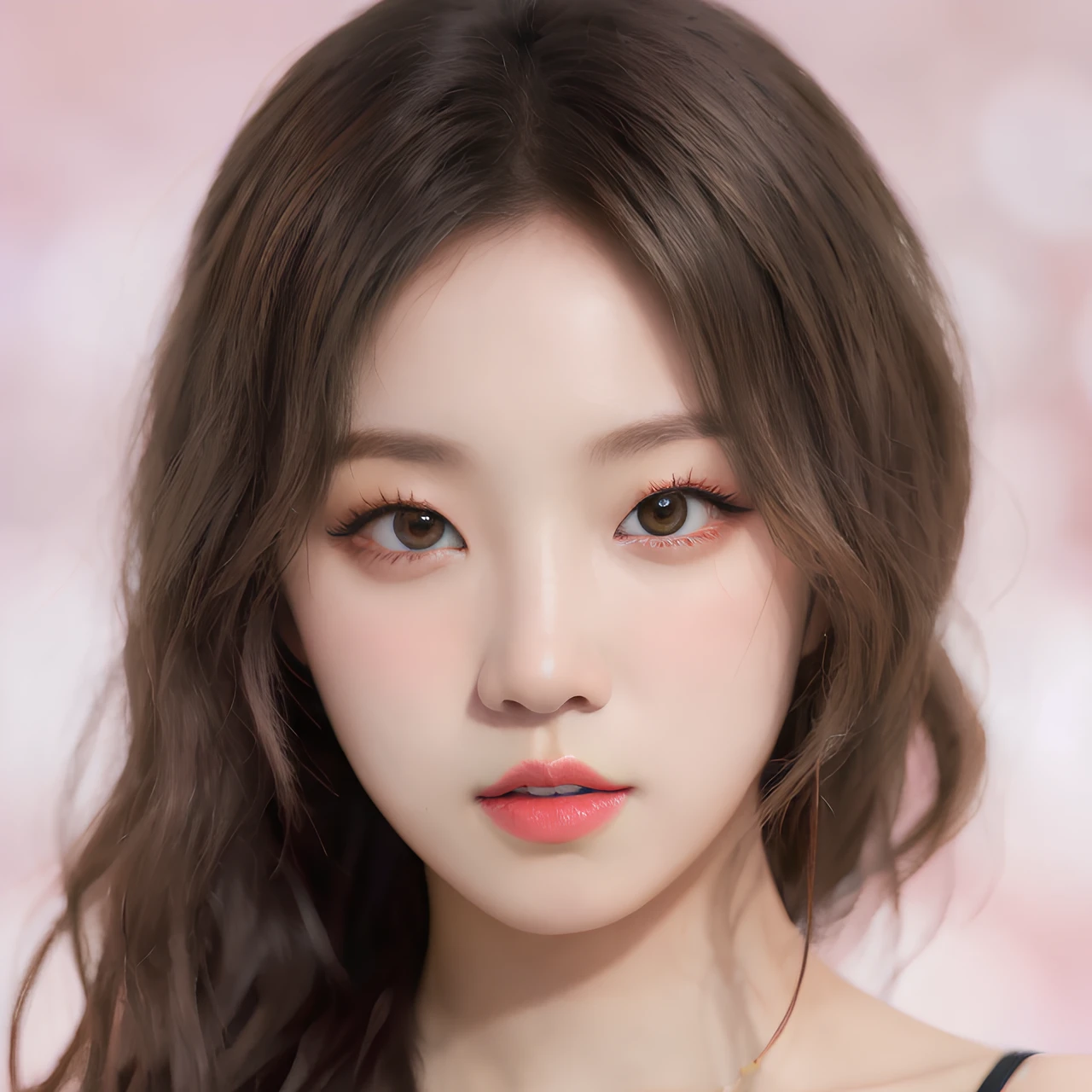 pink background, hyper realistic lifelike texture dramatic lighting unreal engine trending on art station, award winning photo, nikon RAW photo,8 k, Fujifilm XT3,masterpiece, best quality, realistic, photorealistic, ultra detailed, extremely detailed face, solo,1girl, standing, fashionable and trendy atmosphere, high-end makeup products, and a stylish expression on her face, close up, white t-shirt