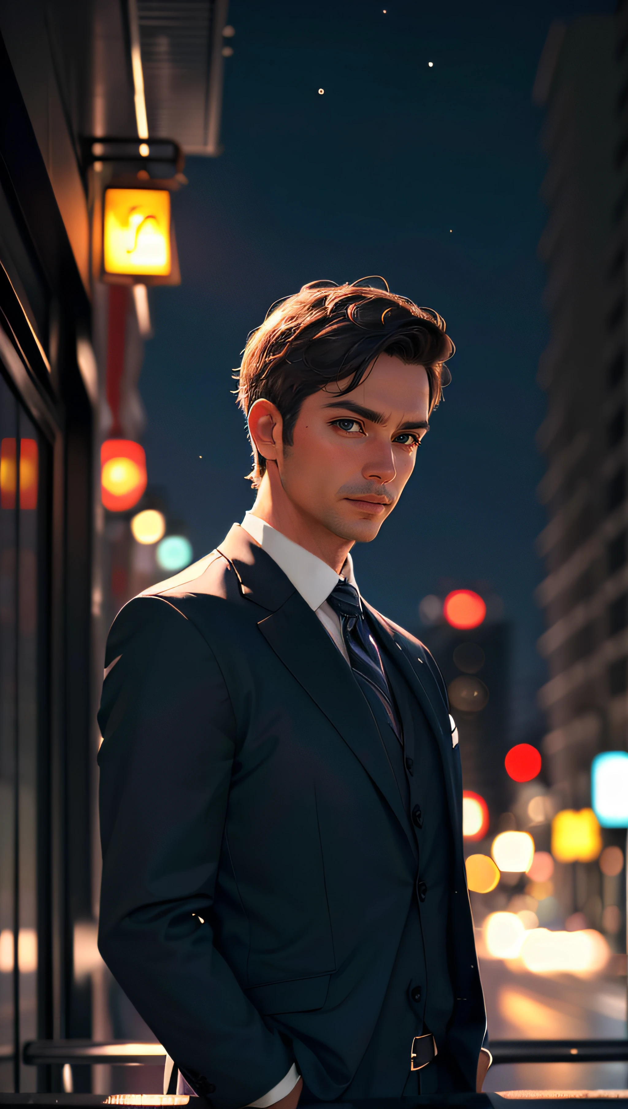 (best quality, masterpiece, hyper realistic) 1 elegant business man, photography, man in a city, ultra high details, dim light, dawn, bokeh background, night