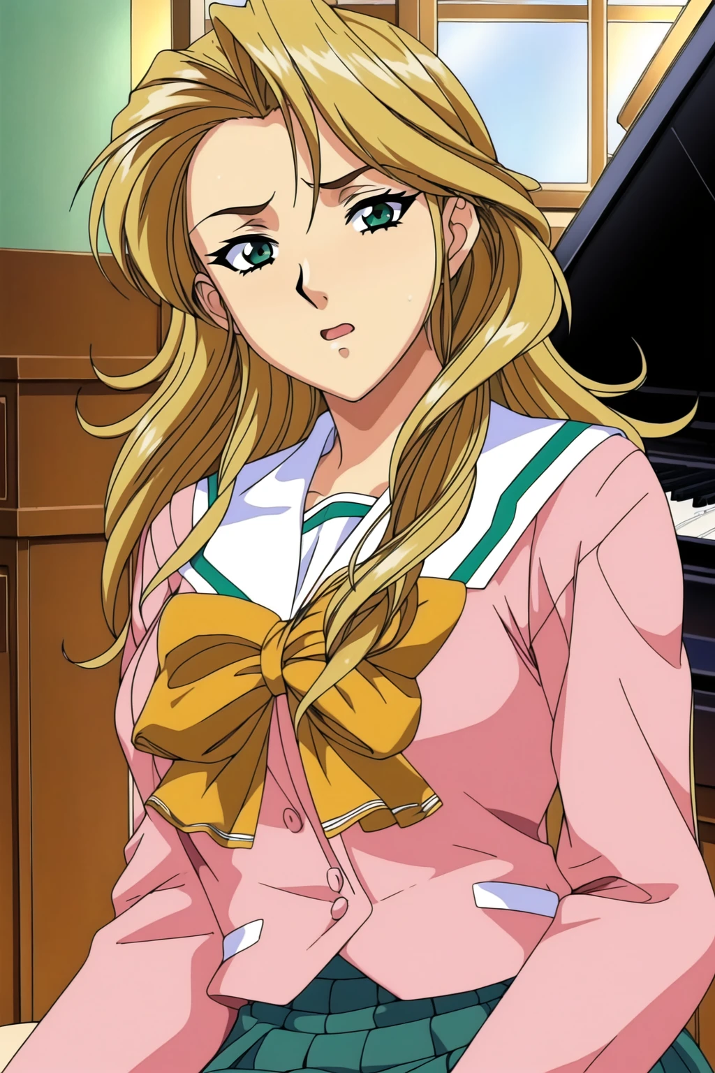 (day:1.7), in front of a piano in a room with a window and a piano in the background,
sitting at attention,
(pink_jacket:1.1),(Green_pleated skirt),(sailor_collar), school_uniform, serafuku,long_sleeves,Yellow_bowtie,
<lora:Kaori_Maejima_Shuusaku-KK77-V3:0.7>,<lora:Mariana_Luciano_NON_VIRGIN-KK77-V1:0.3>,<lora:more_details:0.2>
blonde_hair,Long_hair,Green_eyes,
1 girl, 20yo,Young female,Beautiful Finger,Beautiful long legs,Beautiful body,Beautiful Nose,Beautiful character design, perfect eyes, perfect face,expressive eyes,
looking at viewer, (Upper_body),(Focus on her face),
official art,extremely detailed CG unity 8k wallpaper, perfect lighting,Colorful, Bright_Front_face_Lighting,shiny skin,
(masterpiece:1.0),(best_quality:1.0), ultra high res,4K,ultra-detailed,
photography, 8K, HDR, highres, absurdres:1.2, Kodak portra 400, film grain, blurry background, bokeh:1.2, lens flare, (vibrant_color:1.2)
(Beautiful,large_Breasts:1.4), (beautiful_face:1.5),(narrow_waist),