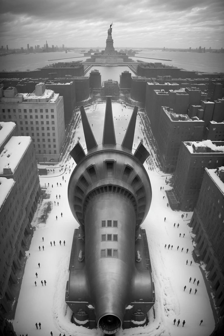barnum-silver (view from above:1.1) (huge metal statue of liberty hiding her eyes:1.1) over surreal industrial busy city center (monumental steam powered metal devices:1.1), design concept vintage scifi, rusty, weary, dirt, product photo,retrofuturism, (winter:1.3) <lora:Cloudify:.15> steamroller in the background