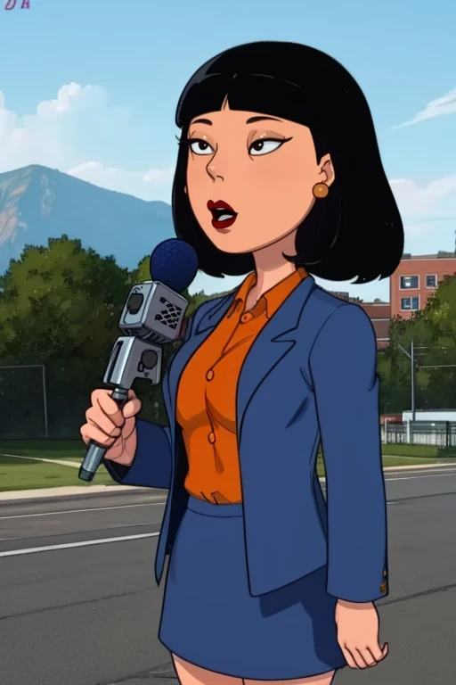 Tricia, shirt, blue jacket, dress skirt, heels, gold earrings,
solo, black hair, standing, upper body,
holding a microphone, outdoors,
(insanely detailed, beautiful detailed face, masterpiece, best quality) <lora:Tricia:0.8>
