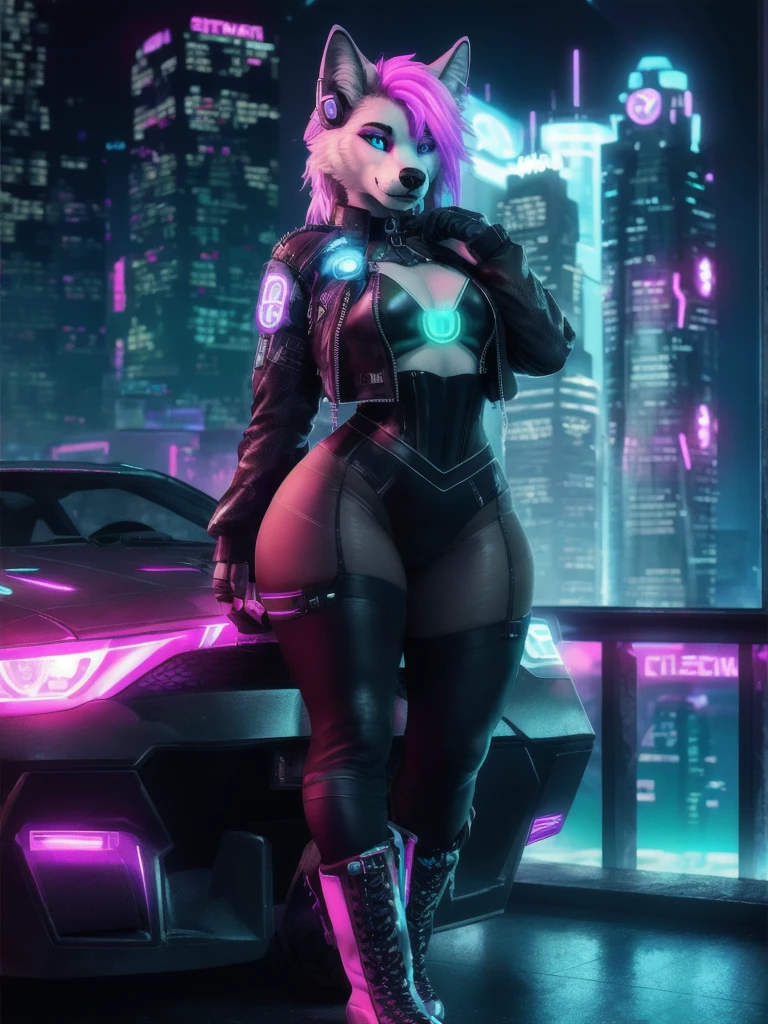 masterpiece realistic, best high quality, ultra details, RAW Photo, intricate details, 3 point lights, female, wolf, cyber, cyberpunk, dystopian, dynamic angle, sexy pose, narrow waist, (wide hips:1.4), big butt, (thick thigh:1.4), detailed leather jacket, transparent pantyhose, neon bodysuit, big boots, skyscrapers background, neon lights, bokeh, scifi car, glowing hairstyle,