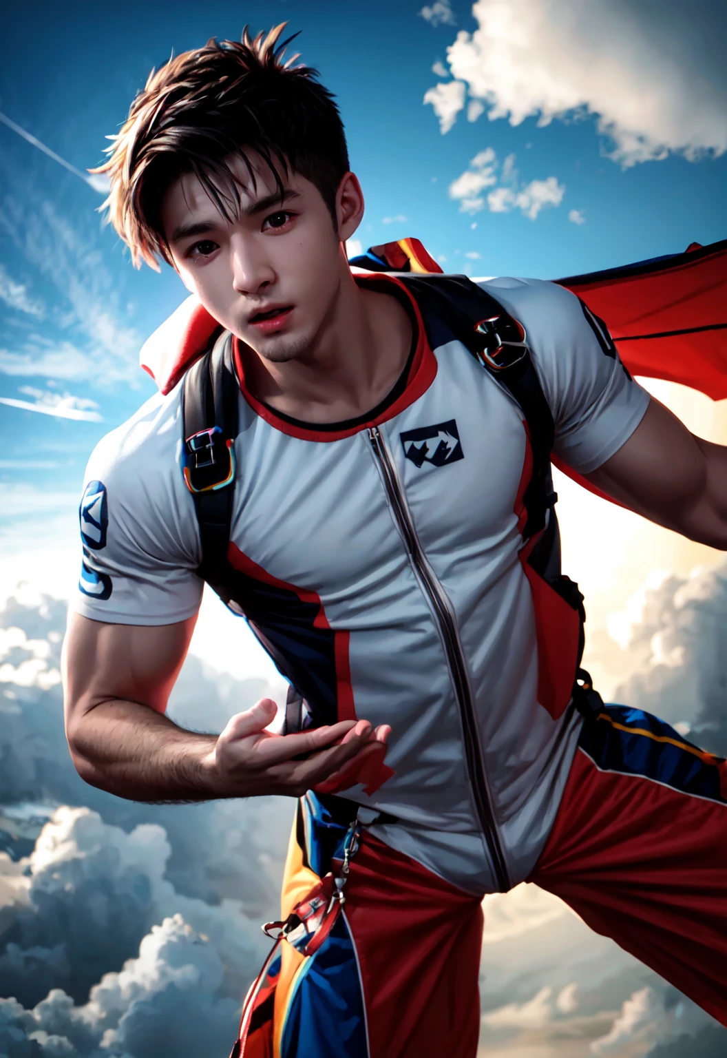 boy skydiving, clouds, wind, muscular,
vibrant colors, colorful art style, 
soft lighting, soft shadows, detailed textures, dynamic lighting,  
nice hands, perfect hands, 
<lyco:GoodHands-beta2:1.0> 
<lora:add_detail:1>