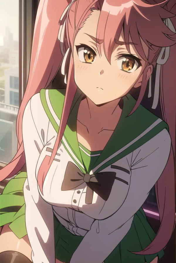 sayatakagi, <lora:sayatakagitest:1>,
saya takagi, long hair, ribbon, twintails, (brown eyes:1.5), hair ribbon, pink hair, glasses,
BREAK skirt, thighhighs, school uniform, serafuku, zettai ryouiki, green skirt, bowtie, long sleeves, black thighhighs, black bowtie,
BREAK looking at viewer,
BREAK indoors, classroom,
BREAK <lora:GoodHands-vanilla:1>, (masterpiece:1.2), best quality, high resolution, unity 8k wallpaper, (illustration:0.8), (beautiful detailed eyes:1.6), extremely detailed face, perfect lighting, extremely detailed CG, (perfect hands, perfect anatomy),