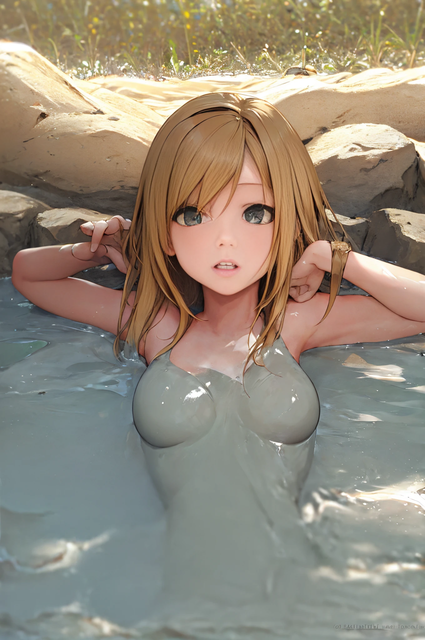 <lora:Quicksand:1.0>, Quicksand 1girl, solo, looking at viewer, blonde hair, teeth, quick sand, (wet:0.5), submerged to the chin, lying, on her back, no humans,  photo background, horror (theme), what,