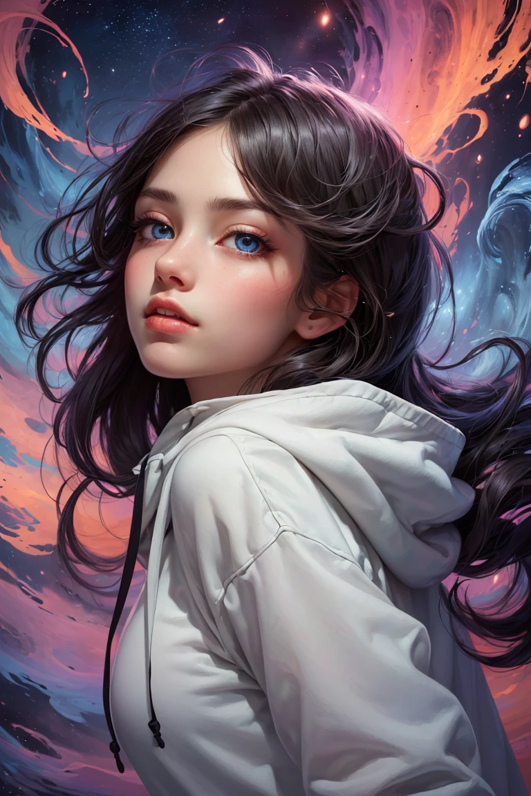 masterpiece, best quality, (absurdres, highres, ultra detailed), (absurdres, best quality:1.3, dark shot, extremely detailed), (masterpiece portrait of a girl, from side, upper body, looking up, blue eyes, natural skin texture, long dark hair, straight hair, floating hair, oversized hoodie, hood down), beautiful galaxy lighting up the sky, amazing background filled with cosmic swirls, (style-swirlmagic:1.4, style swirling cosmo magic:1.4, magical, magical swirls:1.3), (hyperrealistic, sharp), (vibrant colors),<lora:more_details:0.3>, <lyco:GPTS4 dreamwave full_478773:0.5>,<lyco:GoodHands-beta2:1>,