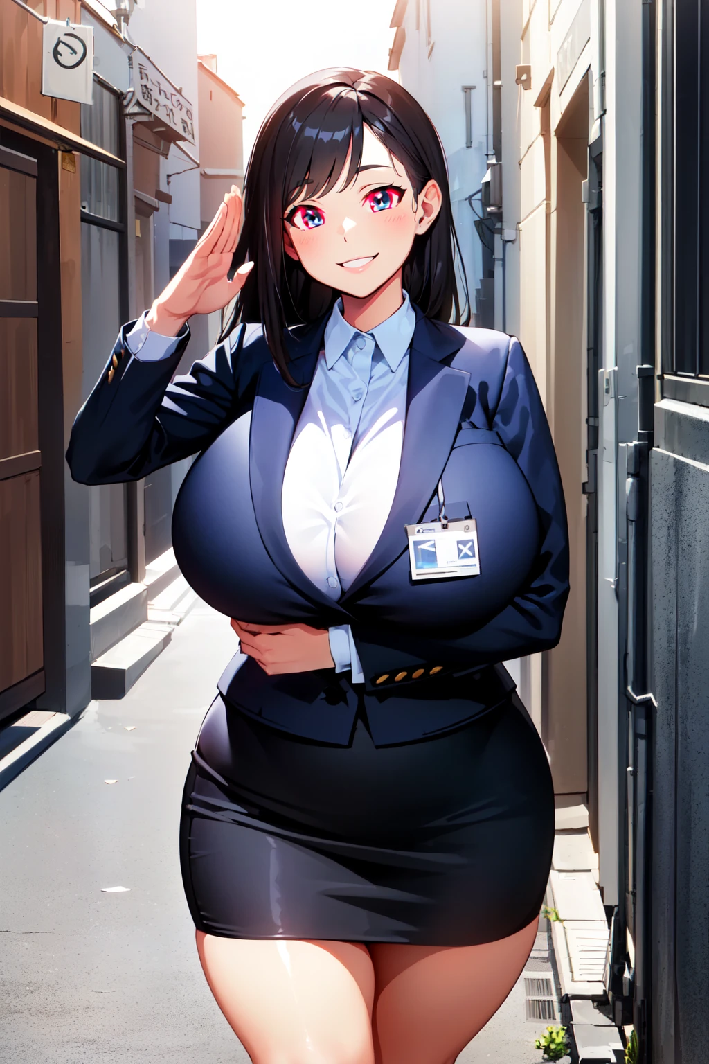 (Narrow Alley background:1.2), outdoors, thick thigh, curvy, (huge breasts), (smile:1.2), <lora:geasseye2:0.8>glowing eyes, white shirt, black pencil skirt, office lady, salute, (best quality:1.2), (hyper detailed), five fingers