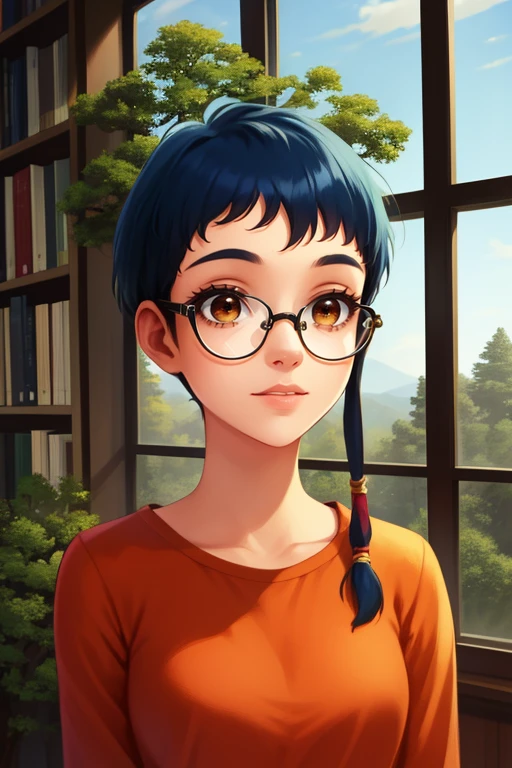 Taranee, short blue hair , hair lock, glasses, brown eyes, orange casual clothes, library, solo, standing, upper body,
window, trees, sky
(insanely detailed, beautiful detailed face, masterpiece, best quality)
<lora:TaraneeCook-10v3:0.7>