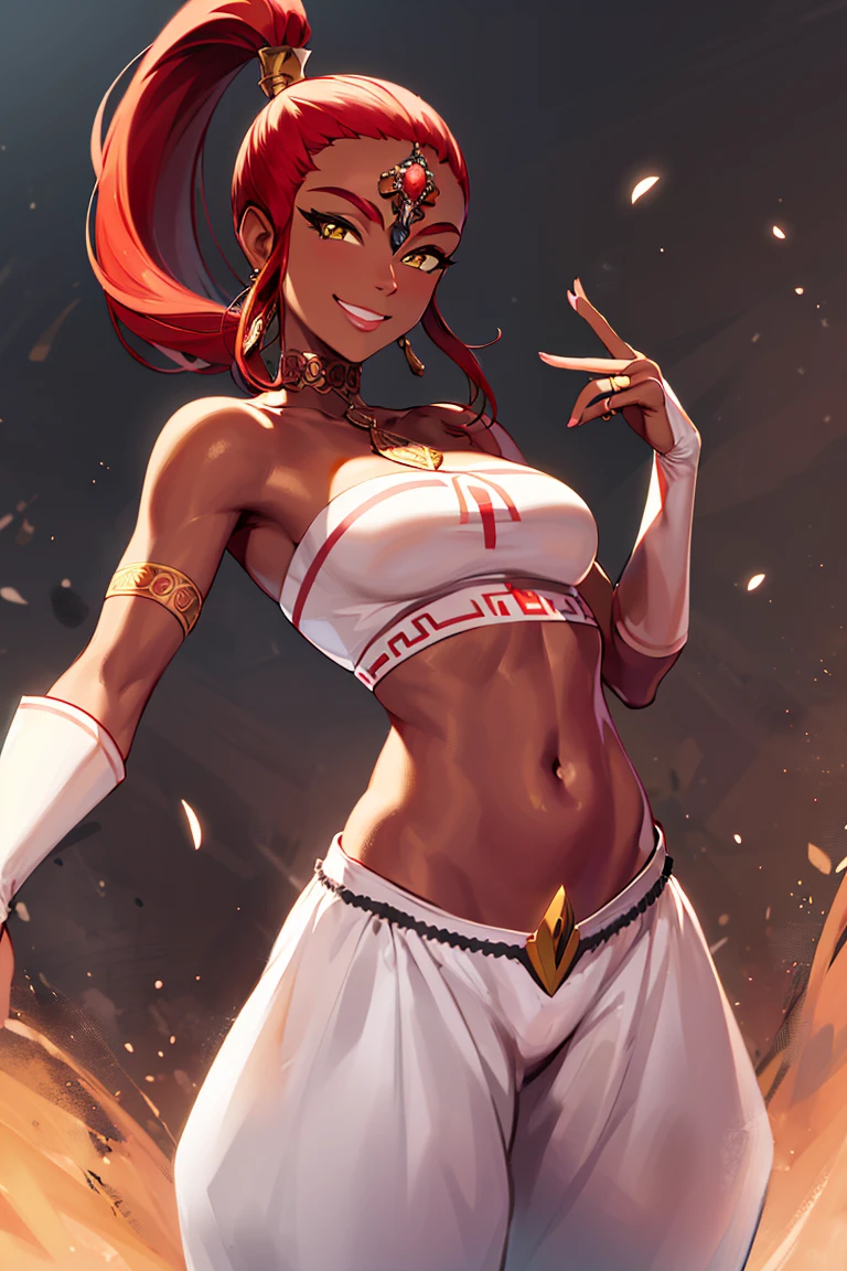 ((masterpiece,best quality)), absurdres,
<lora:Nabooru_Zelda:0.7>, Nabooru_Zelda,  pants,  dark skin,  long pony tail, 
solo, smiling, smug, looking at viewer, cowboy shot,
cinematic composition, dynamic pose,