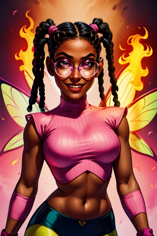 Taranee, twintails, dreads, short hair, glasses, standing, upper body, smiling, smug,
CokW, striped pantyhose,midriff, pink wristbands, fairy wings, toned, pink crop top, turtleneck,
fire background, cinematic lighting,
(insanely detailed, beautiful detailed face, masterpiece, best quality)
<lora:TaraneeCook-10v3:0.7>