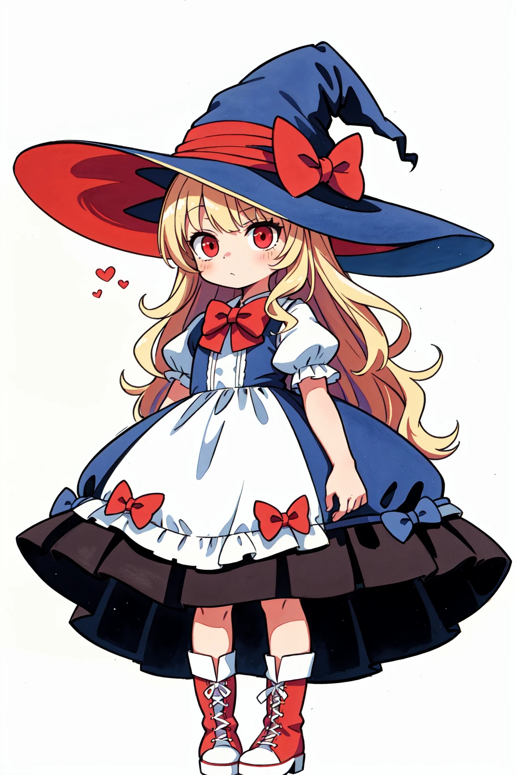 best quality,masterpiece,traditional media, marker_\(medium\),painting_\(medium\),watercolor_\(medium\),simple_background,1girl,witch,solo, full body,long hair, blonde hair, witch hat,red eyes,puffy sleeves,white_bow,dress,red_footwear,bow, short sleeves,boots,