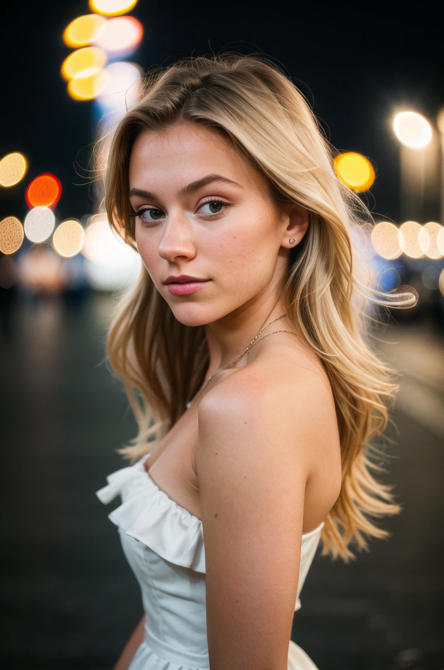 instagram photo, closeup face photo of a young dutch woman in dress, CySterre_V1, beautiful face, makeup, night city street, bokeh, motion blur