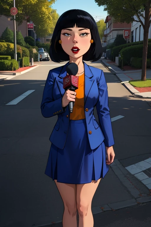 Tricia, shirt, blue jacket, dress skirt, heels, gold earrings,  facing viewer, 
solo, black hair,  standing,  upper body, 
holding a microphone,  outdoors, 
(insanely detailed, beautiful detailed face, masterpiece, best quality)   <lora:Tricia:0.8>