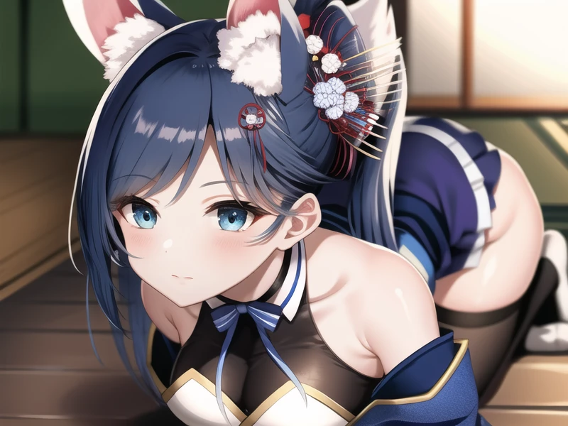 (hyper extreme detailed),(masterpeace),(hyper extreme),(photorealistic),CG, Jintsuu,blue hair,high ponytail, blue eyes,animal ears,hair ornament,kimon,miniskirt,obi,socks,<lora:Jintsuu_v2:1>