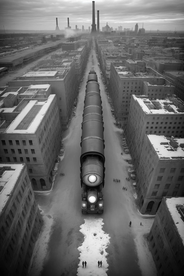 barnum-silver (view from above:1.1) surreal industrial busy city center (monumental steam powered metal devices:1.1), design concept vintage scifi, rusty, weary, spider, dirt, product photo,retrofuturism, (winter clothing:1.3) <lora:Cloudify:.15> steamroller in the background