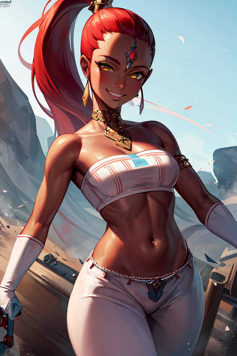 ((masterpiece,best quality)), absurdres,
<lora:Nabooru_Zelda:0.7>, Nabooru_Zelda,  pants,  dark skin,  long pony tail, 
solo, smiling, smug, looking at viewer, cowboy shot,
cinematic composition, dynamic pose,