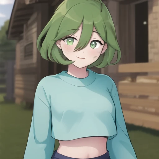 (masterpiece, best quality:1.2),illustration,8k,hd,1girl,solo,facing viewer,smile,upper body,short_hair,bangs,blue_shirt,white_pupils,long_sleeves,hair_between_eyes,green_eyes,ahoge,green_hair,shoes,shorts,socks,midriff,crop_top,white_footwear,bandaid,blue_shorts,bandaid_on_leg,bandaid_on_knee,<lora:Zombie-Bubble V1>,