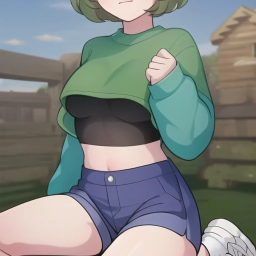 (masterpiece, best quality:1.2),illustration,8k,hd,cowboy shot,1girl,solo,short_hair,bangs,blue_shirt,white_pupils,long_sleeves,hair_between_eyes,green_eyes,ahoge,green_hair,shoes,shorts,socks,midriff,crop_top,white_footwear,bandaid,blue_shorts,bandaid_on_leg,bandaid_on_knee,<lora:Zombie-Bubble V1:1>,