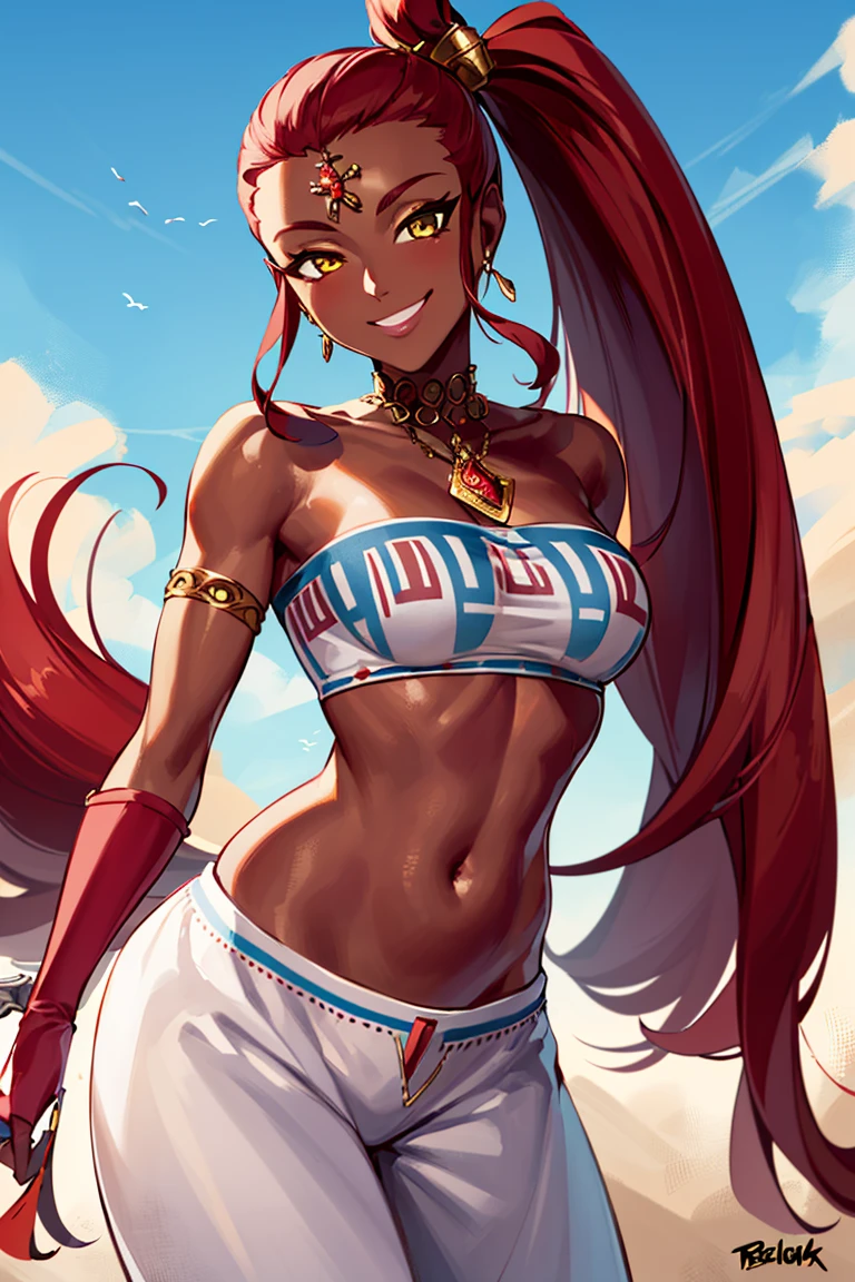 ((masterpiece,best quality)), absurdres,
<lora:Nabooru_Zelda:0.7>, Nabooru_Zelda,  pants,  dark skin,  long pony tail, 
solo, smiling, smug, looking at viewer, cowboy shot,
cinematic composition, dynamic pose,