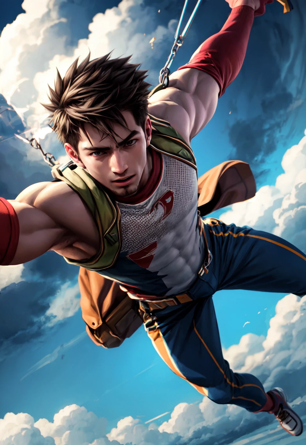 boy skydiving, clouds, wind, muscular,
vibrant colors, colorful art style, 
soft lighting, soft shadows, detailed textures, dynamic lighting,  
nice hands, perfect hands, 
<lyco:GoodHands-beta2:1.0> 
<lora:add_detail:1>