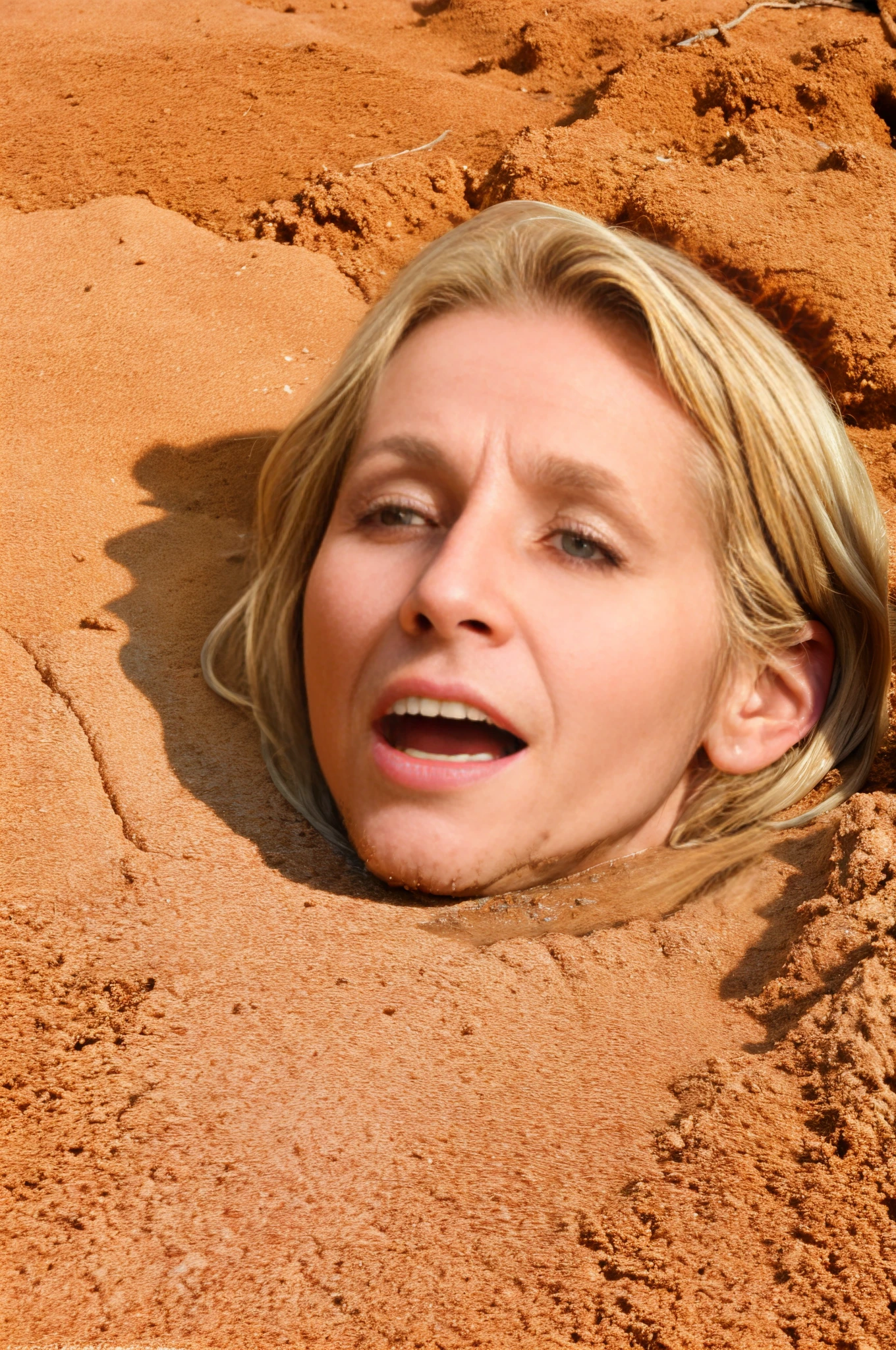 <lora:Quicksand:1.0>, Quicksand 1girl, solo, looking at viewer, blonde hair, teeth, quick sand, (wet:0.5), submerged to the mouth, lying back, no humans, realistic, photo background, horror (theme), what, old woman, wrinkled skin <lora:epiNoiseoffset_v2-pynoise:1>