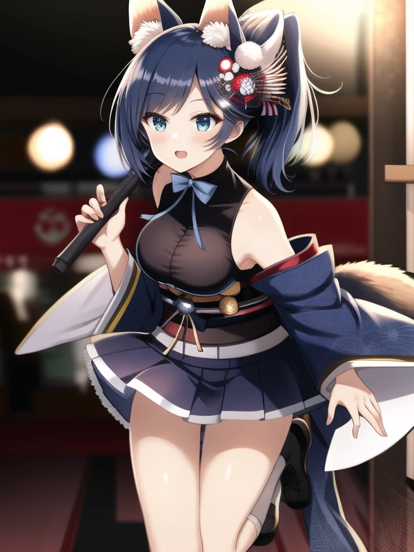 (hyper extreme detailed),(masterpeace),(hyper extreme),(photorealistic),CG, Jintsuu,blue hair,high ponytail, blue eyes,animal ears,hair ornament,kimon,miniskirt,obi,socks,sleeveless,<lora:Jintsuu_v2:1>
