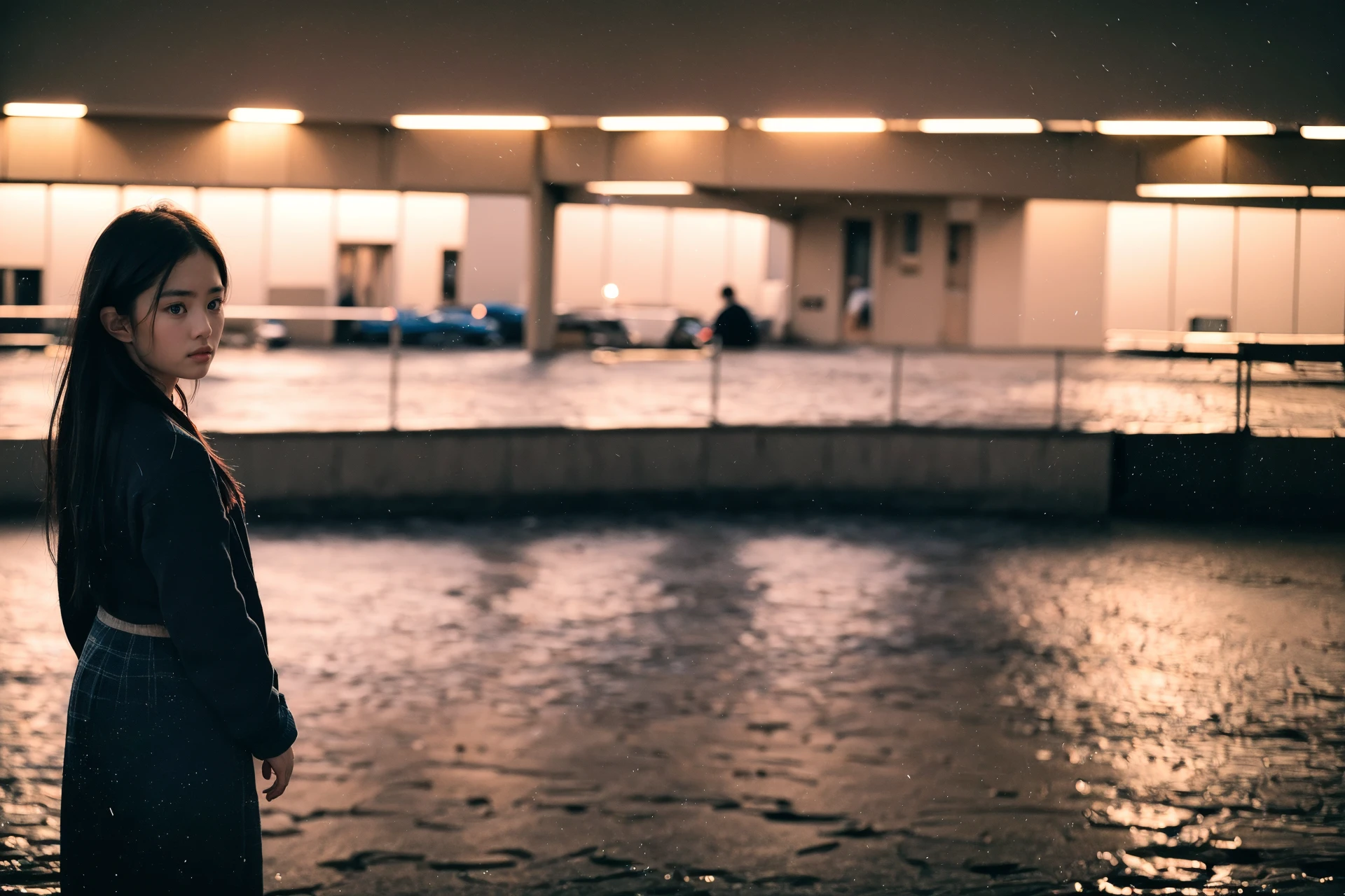 (masterpiece:1.2), best quality, high quality, (realistic), (absurdres:1.2), UHD, ultrarealistic,
(night, dark, dark photo, grainy, dimly lit:1.3), a girl standing alone in front of an old, shabby, unlit transit station in a deserted countryside on a dark night,
slender body, full body,beautiful eyes, beautiful symmetrical face, long hair, bangs, plaid skirt,looking at viewer, fog, rainy night
noise,film grain, depth of field, analog film style, vivid color,
<lora:JPfilmColor_Heavy_grain:0.5> <lora:GFMix-LY55:0.7>