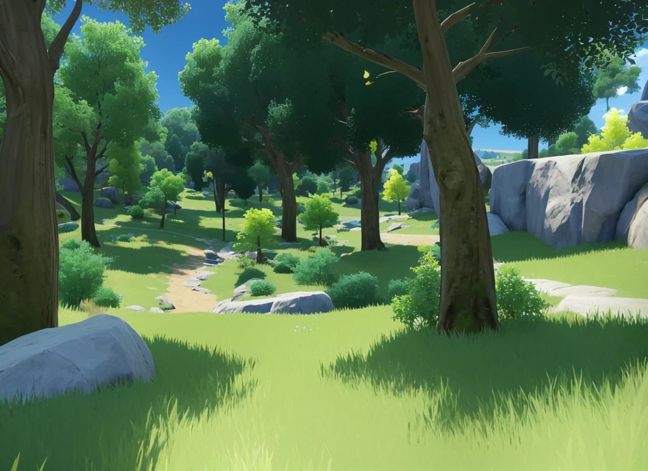 masterpiece, best quality, ultra-detailed, illustration, <lora:mondstadt_background-v11:0.85>, mondstadt, outdoors, scenery, forest, nature, tree, grass, rock, bush, path, flower, plant, leaf, river, stone, moss, log