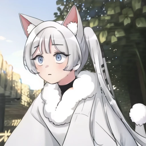 (masterpiece, best quality:1.2),1girl,solo,upper body,cowboy shot,1girl,solo,long_hair,bangs,blue_eyes,animal_ears,white_hair,dog_ears,side_ponytail,coat,animal_ear_fluff,white_coat,long_sleeves,tail,shoes,shorts,socks,bike_shorts,sneakers,<lora:Wolf-Bubble-V1:1>,