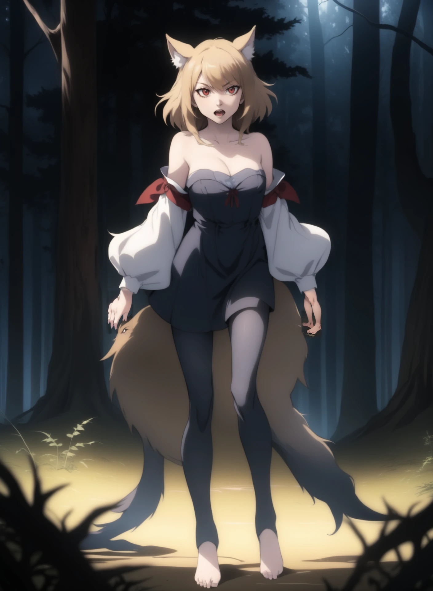 anime, (1girl), full body, werewolf, forest background, masterpiece, best quality