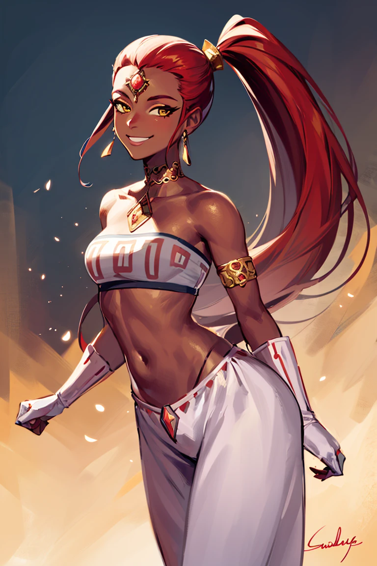 ((masterpiece,best quality)), absurdres,
<lora:Nabooru_Zelda:0.7>, Nabooru_Zelda,  pants,  dark skin,  long pony tail, 
solo, smiling, smug, looking at viewer, cowboy shot,
cinematic composition, dynamic pose,
