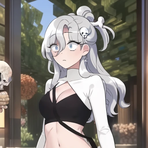 (masterpiece, best quality:1.2),cowboy shot,long_hair,breasts,bangs,blue_eyes,hair_ornament,navel,cleavage,medium_breasts,hair_between_eyes,ponytail,midriff,crop_top,short_shorts,white_shorts,grey_hair,cleavage_cutout,skull_hair_ornament,white sleeves, <lora:Skeleton-Bubble-V1:1>