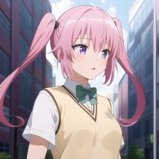 (masterpiece, best quality:1.2),illustration,8k,hd,city,upper body,1girl,mugshot,long_hair,skirt,hair_ornament,twintails,school_uniform,purple_eyes,tail,pink_hair,zettai_ryouiki,demon_tail,sweater_vest,<lora:Nana-V1:0.6>,