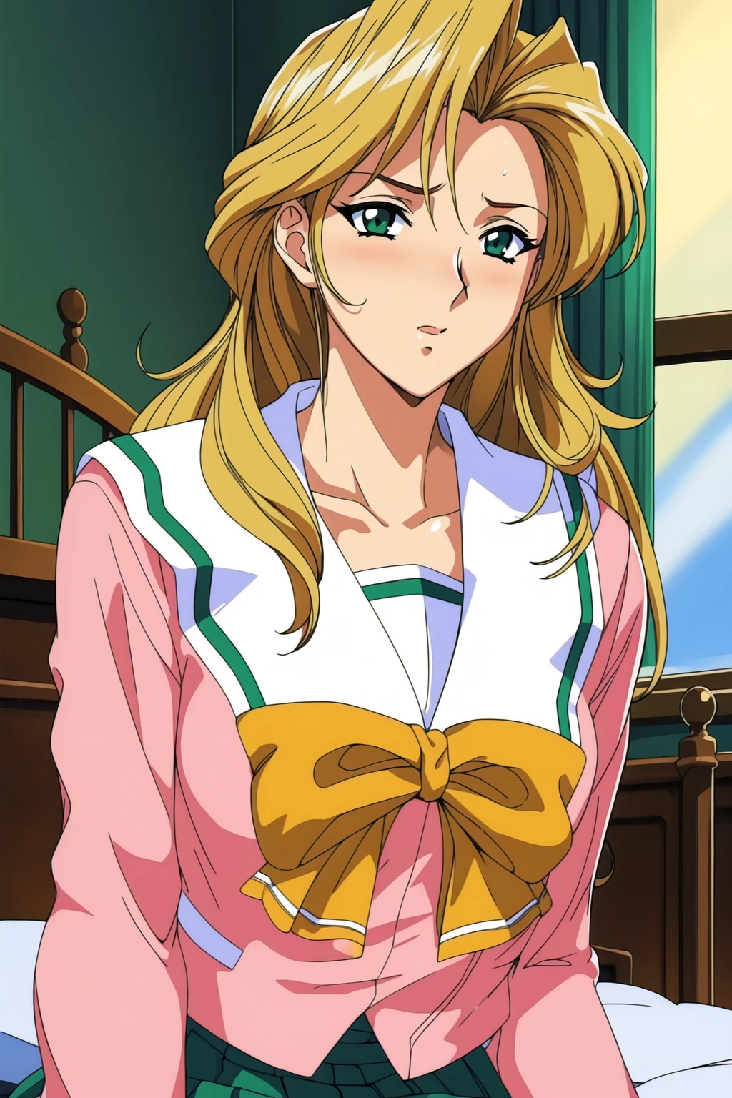 (day:1.7), in bedroom,
sitting at attention,on the bed,
(pink_jacket:1.1),(Green_pleated skirt),(sailor_collar), school_uniform, serafuku,long_sleeves,Yellow_bowtie,
<lora:Kaori_Maejima_Shuusaku-KK77-V3:0.7>,<lora:Mariana_Luciano_NON_VIRGIN-KK77-V1:0.3>,<lora:more_details:0.2>
blonde_hair,Long_hair,Green_eyes,
1 girl, 20yo,Young female,Beautiful Finger,Beautiful long legs,Beautiful body,Beautiful Nose,Beautiful character design, perfect eyes, perfect face,expressive eyes,
looking at viewer,(Upper_body),(Focus on her face),
official art,extremely detailed CG unity 8k wallpaper, perfect lighting,Colorful, Bright_Front_face_Lighting,shiny skin,
(masterpiece:1.0),(best_quality:1.0), ultra high res,4K,ultra-detailed,
photography, 8K, HDR, highres, absurdres:1.2, Kodak portra 400, film grain, blurry background, bokeh:1.2, lens flare, (vibrant_color:1.2)
(Beautiful,large_Breasts:1.4), (beautiful_face:1.5),(narrow_waist), ,NSFW,