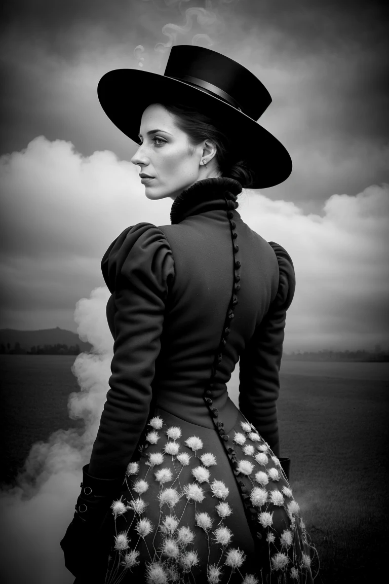 barnum-silver looking back over shoulder, happy 1 woman victorian lady photomodel presenting flowery industrial steam powered hat, design concept vintage scifi (1 photo camera), rusty, cobwebs, spider, dirt, product photo,retrofuturism, (winter clothing:1.3) <lora:Cloudify:.15>