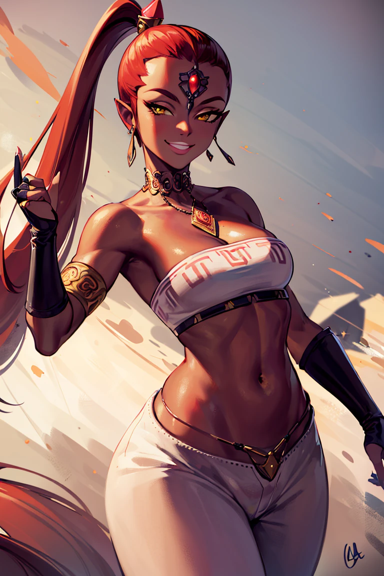 ((masterpiece,best quality)), absurdres,
<lora:Nabooru_Zelda:0.7>, Nabooru_Zelda, pants, dark skin, long pony tail,
solo, smiling, smug, looking at viewer, cowboy shot,
cinematic composition, dynamic pose,