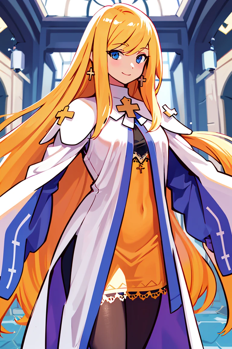 ((masterpiece,best quality)), absurdres,
<lora:Alouette_La_Pucelle:0.8>, Alouette_La_Pucelle, blonde, robe, very long hair, cross, pantyhose
solo, smiling, looking at viewer, cowboy shot,
cinematic composition, dynamic pose,