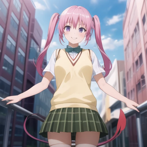 (masterpiece, best quality:1.2),illustration,8k,hd,city,1girl,solo,smile,long_hair,skirt,hair_ornament,twintails,school_uniform,purple_eyes,tail,pink_hair,zettai_ryouiki,demon_tail,sweater_vest, <lora:Nana-V1:0.6>